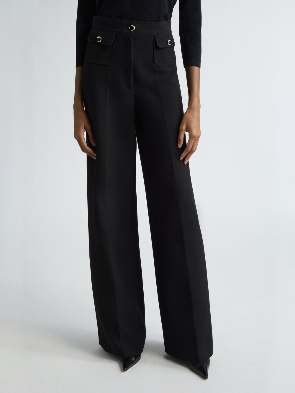 St. John Black Stretch Crepe Straight Leg Pants Gold Button Size 14
